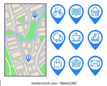 Vector illustration, City Map, Navigator, urban navigation, icons set, accommodations, entertainment, park, river, cafes, street, house, museum, shop, skating, bike, library, mail