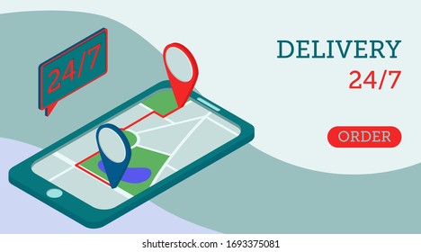 Vector illustration: city map on the phone. Delivery route. Isometric illustration. Template for website and landing page.