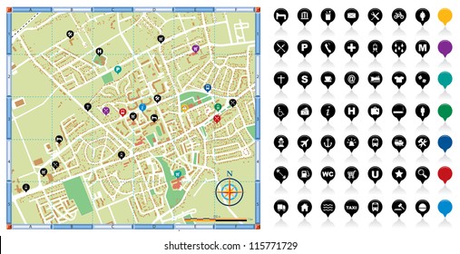 Vector illustration of a city map with points of interest.