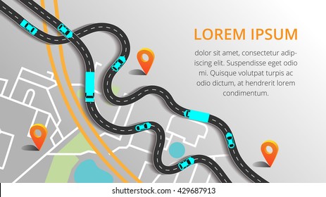 Vector illustration with city map, roads cars, truck and pin pointers. Picture of traffic jam for banner, brochure