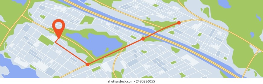 Vector Illustration Of A City Map Showing A Red Route With A Location Pin. The Map Highlights Streets, Water Bodies