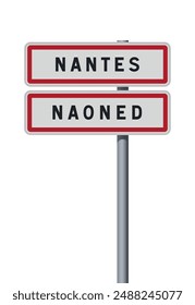 Vector illustration of the City of Nantes, Naoned in Breton (France) entrance road sign on metallic pole