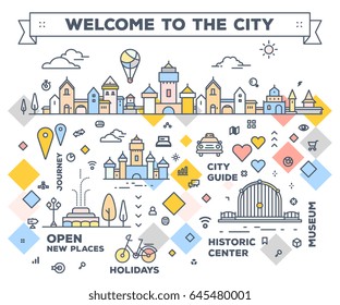 Ilustración vectorial de la ciudad con elementos de navegación. Concepto de ruta infográfica. Hoja de ruta de la ciudad con instalaciones y atracciones turísticas. Diseño artístico en línea delgada para web, sitio, afiche