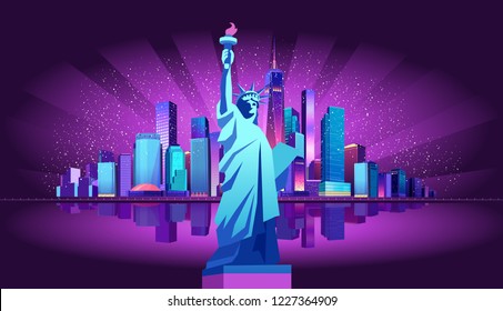 Vector illustration of a city night illuminated by neon lights. Modern buildings and skyscrapers on the waterfront, urban landscape, large statue of liberty