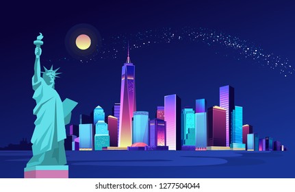 Vector illustration of a city night illuminated by neon lights. Modern buildings and skyscrapers on the waterfront, urban landscape, large statue of liberty