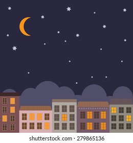 Vector illustration of a city at night. The lights on the windows.