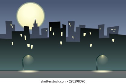Illustration vectorielle de la ville la nuit, avec lampadaires éclairés, silhouettes de bâtiments aux fenêtres éclairées et une lune de récolte brillante en arrière-plan.L'espace vide laisse de la place pour le texte personnalisé.Affiche