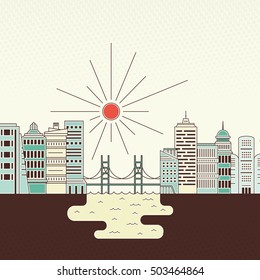 Vector illustration of a city with office buildings, bridge and river. Architectural vector background. City environment or green living concept.