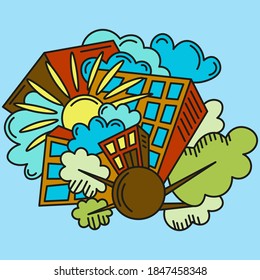 ilustración vectorial de la ciudad en la bola. edificios, sol, árboles, nubes
