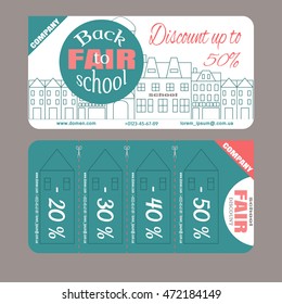 Vector illustration of a city on the discount coupon. Fair coupon for a school sale. Fair back to school.