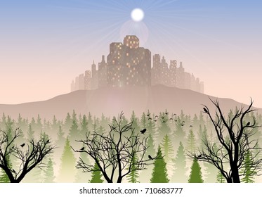 Vector illustration of City on the hills in the morning