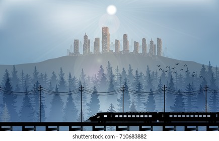 Vector illustration of City on the hills at night background