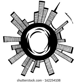 Vector illustration. City on the sphere. Black outline sketch