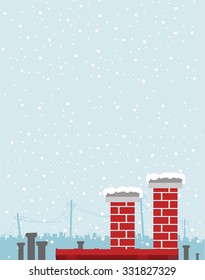 Vector illustration of city panorama in winter. Top of the roofs and chimneys on the bottom of the image with big copy space on the top. 
Snow falling in the background.