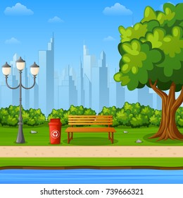 Vector illustration of City park bench with green tree and streetlight near river bank