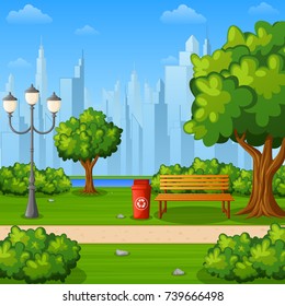 Vector illustration of City park bench with trees and town buildings