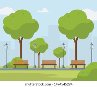 Vector illustration of a city park with benches
