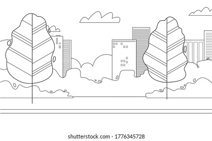 Vector illustration of a city park. Cartoon city landscape, trees. Contour vector illustration for a coloring book; linear drawing.
