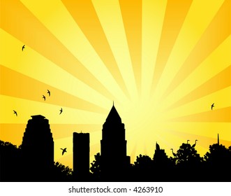 Vector illustration of a city park skyline and abstract sunshine