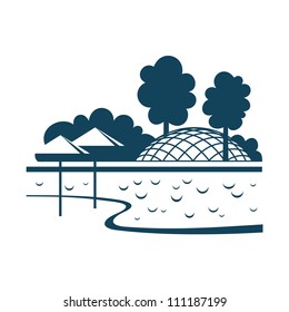 Vector illustration of city park. Stylized icon with river, beach on island, embankment, trees and pavilion. Perspective view of recreation district in downtown or suburb. Abstract sign of planning