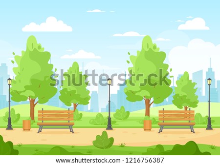 Vector illustration of city park with trees, bush, bench, trash can, lantern, walkway, hills and city skyline. Beautiful urban green park for banner, poster. Cartoon city park and town in flat style.