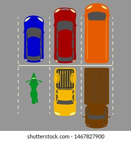 Vector illustration city parking lot with a set of different cars. Public car-park. Flat illustration for web. Urban transport.