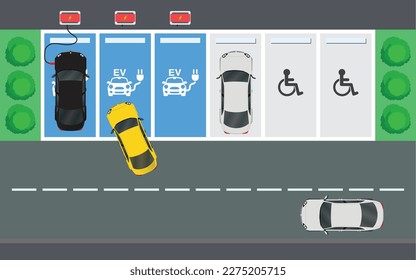 Vector illustration city parking lot with a set of different cars. Isometric public car-park, electric car parking and disabled parking spaces. Vector.