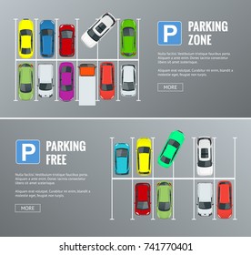 Vector illustration city parking lot with a set of different cars. Public car-park. Flat illustration for web. Urban transport. Large number of cars in a crowded parking.