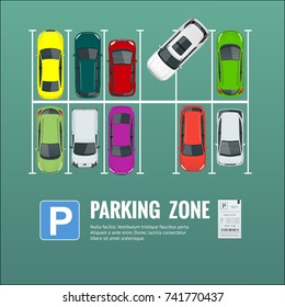 Vector illustration city parking lot with a set of different cars. Public car-park. Flat illustration for web. Urban transport. Large number of cars in a crowded parking.
