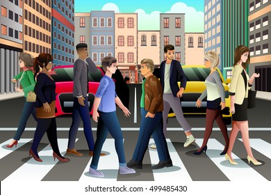 A vector illustration of City People Crossing the Street During Rush Hour