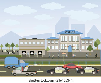 Vector illustration of a city police with colorful icons of cars, trees and buildings
