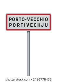 Ilustración vectorial de la ciudad de Porto-Vecchio (Francia) y la traducción corsa Bunifazziu señal vial de entrada en el poste metálico