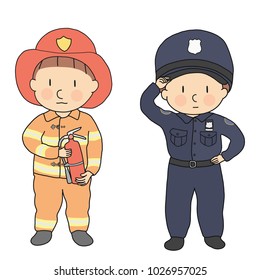 Vector illustration of city professions, firefighter & policeman. What I want to be when grow up. Children occupation costume. Childhood development, education, kid concept. Cartoon character drawing.