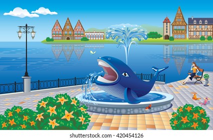 Vector illustration of a city promenade with a fountain in the form of a whale and a girl who sits on the bench