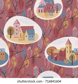 Vector illustration of city in the rain. Autumn mood. Trendy retro style. Seamless pattern.