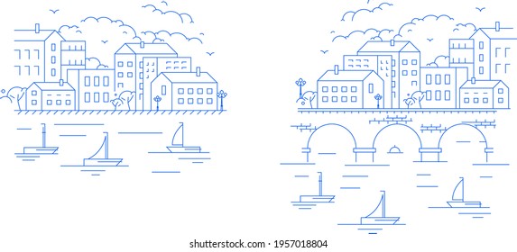 vector illustration of city with river and houses
