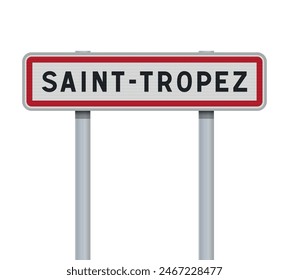 Ilustración vectorial de la ciudad de Saint-Tropez (Francia) señal de la carretera de entrada en el poste metálico