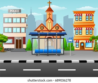 Vector illustration of City scene with bus stop and building