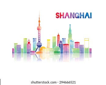 vector illustration of the city of Shanghai Municipality in the People's Republic of China , the symbols of the city skyscrapers hotels, stylish graphics