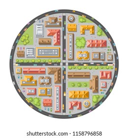 Vector illustration. A city in the shape of a circle. Top view. Streets, houses, buildings, roads, crossroads,  trees, cars. (view from above) 