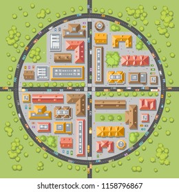 Vector illustration. A city in the shape of a circle. Top view. Streets, houses, buildings, roads, crossroads,  trees, cars. (view from above) 