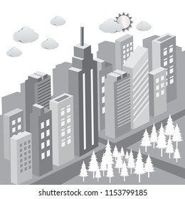 Vector illustration of city silhouette, clouds and sun