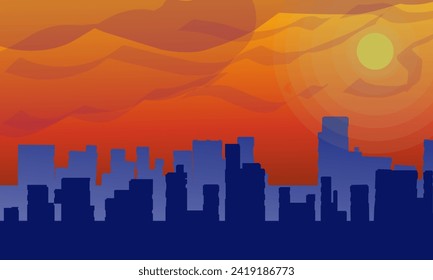 Vector illustration of city silhouette with sunset