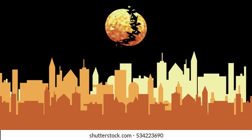 Vector illustration of city silhouette under cracking yellow moon