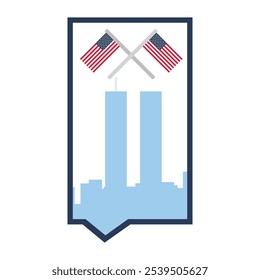 Vector illustration of city silhouette and USA flags in rectangle speech bubble. Patriotism, national holidays, or events celebrating American culture. Website designs for government agencies,