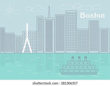 The Vector Illustration With City Silhouette For Your Design. Boston Downtown. Line Art, Outline. Sea, Bridge, Buildings, Ferry. 