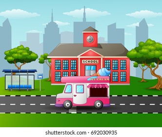 Vector illustration of City skyline background with ice cream truck in front of school building
