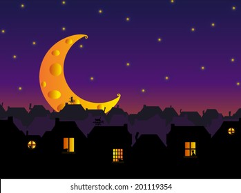 Vector illustration. City skyline (cats city) under the Cheese Moon.