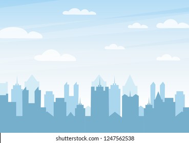 Vector illustration of city skyline with clouds, morning sky, buildings, cityscape for background. Urban silhouette landscape of modern city. Panorama in frat style. Abstract horizontal cityscape