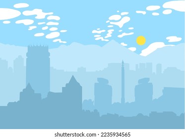 Ilustración vectorial del horizonte de la ciudad. Paisaje urbano con montañas. Paisaje urbano diurno en estilo plano.